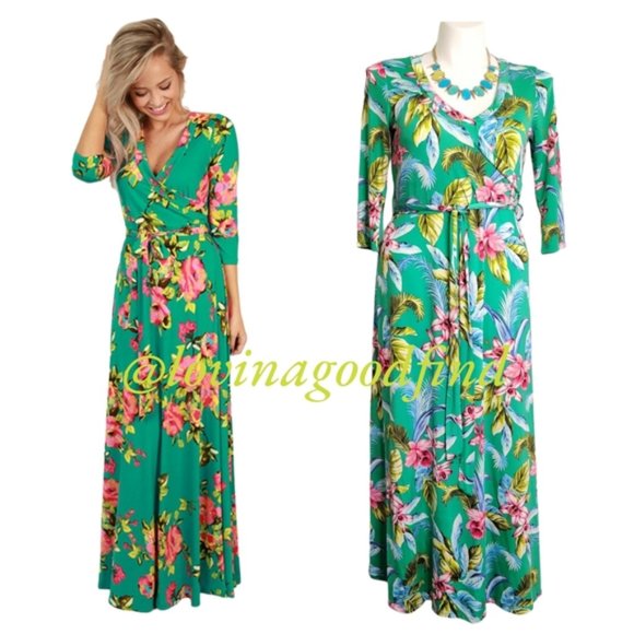 Forever 21 Green Surplice Hawaiian Tropical Maxi Dress EUC sz 0X Like New - Picture 7 of 7